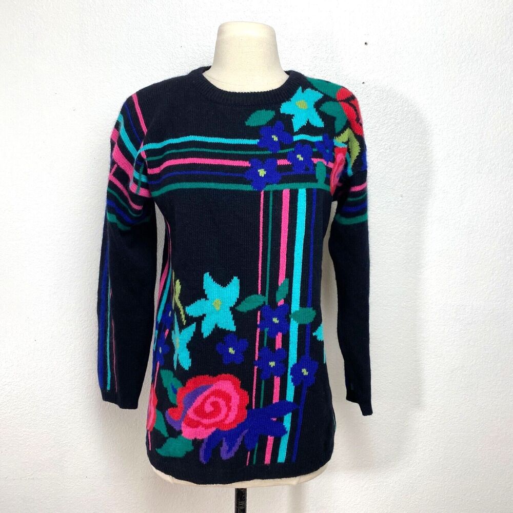 Vintage 80s Saint Nouvara Lambswool Sweater Small Tunic Colorful Boho Peasant
